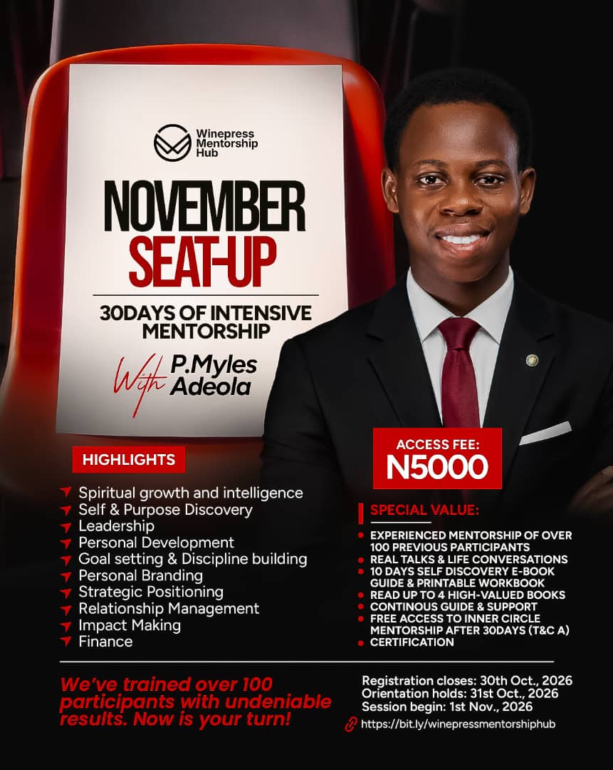 November Seat-Up flyer: 30 days of intensive mentorship with P. Myles Adeola. Access fee N5,000. Registration closes 30th Oct., 2026; orientation 31st Oct.; sessions begin 1st Nov., 2026.